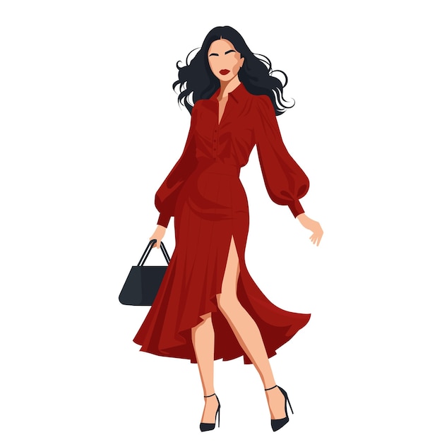 Vector flat fashion illustration of a young pretty woman in an elegant red dress