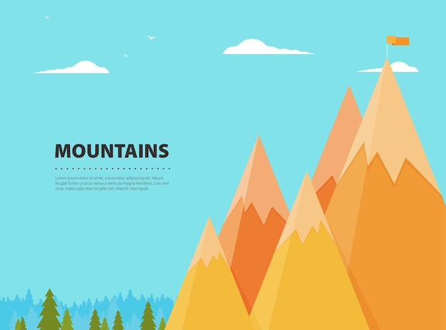 Vector flat flag on mountain success illustration goal achievement business concept