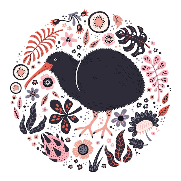 Vector flat hand drawn illustrations. cute kiwi bird with plants and flowers.