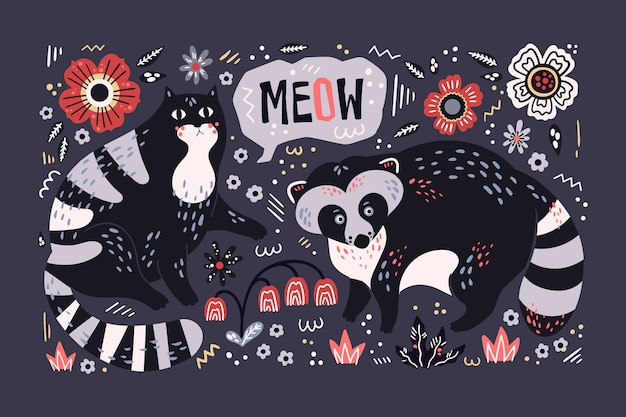 Vector flat hand drawn raccoon and cat surrounded by plants and flowers.
