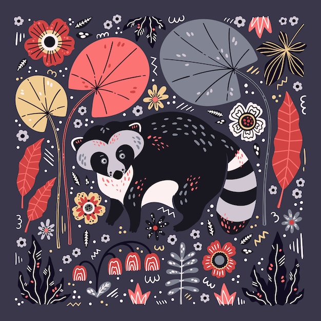 Vector flat hand drawn raccoon surrounded by plants and flowers.