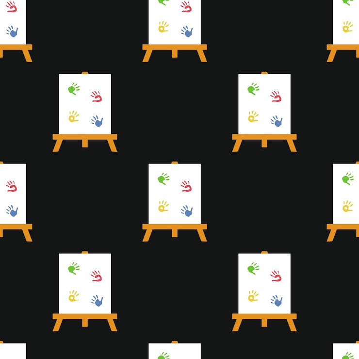 Vector vector flat hand drawn seamless pattern with hand print on easel with canvas