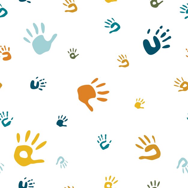Vector flat hand drawn seamless pattern with hand print palm stamp fingers silhouette