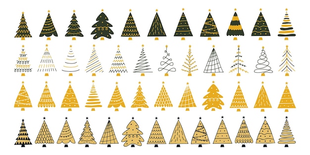 Vector flat hand drawn set of christmas trees