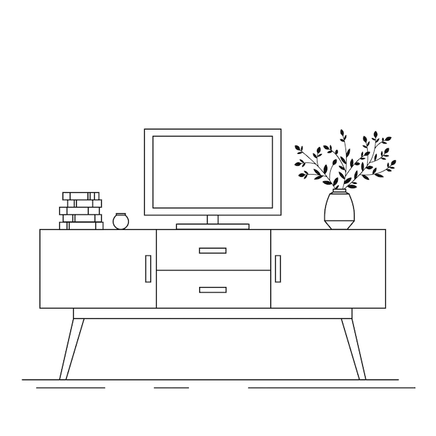 Векторная плоская иконка для подставки под телевизор, прикроватный комод, иконка для телевизора, монитор, домашний декор, линейный логотип.