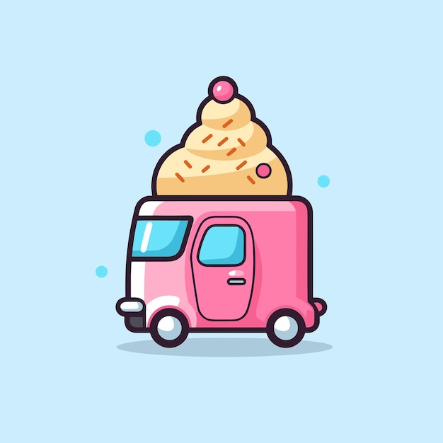 맛있는 아이스크림을 얹은 아이스크림 트럭의 벡터 플랫 아이콘