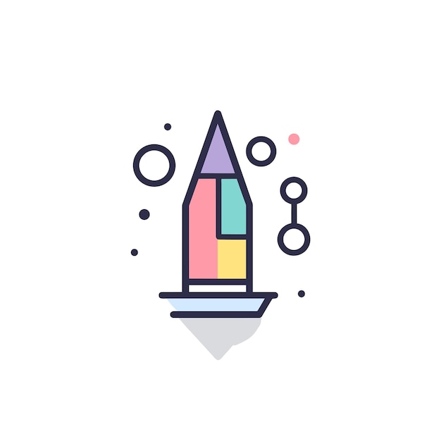 Vector flat icon of a pencil surrounded by colorful bubbles on a white background