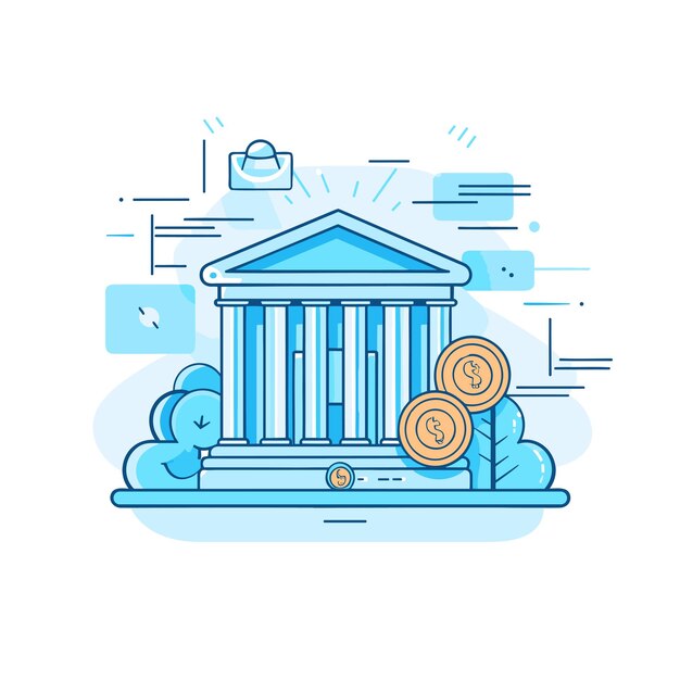 Vector vector of a flat icon vector of a bank building with stacks of coins in front of it