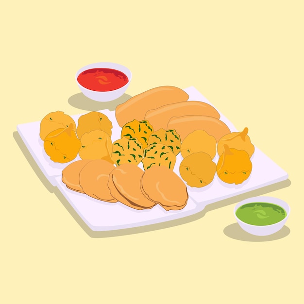 Vector vector flat iftar pakora snack on a plate illustration