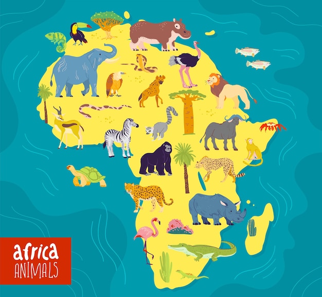 Illustrazione vettoriale piatta di animali e piante del continente africano elefante scimmia rinoceronte zebra