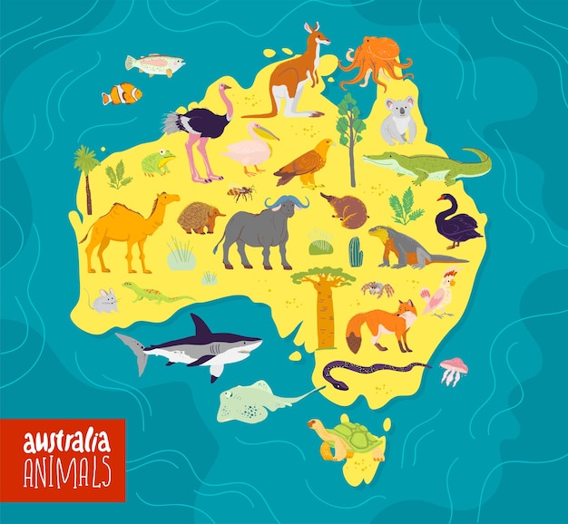 Illustrazione vettoriale piatta dell'australia continente animali piante pappagallo cammello canguro coccodrillo