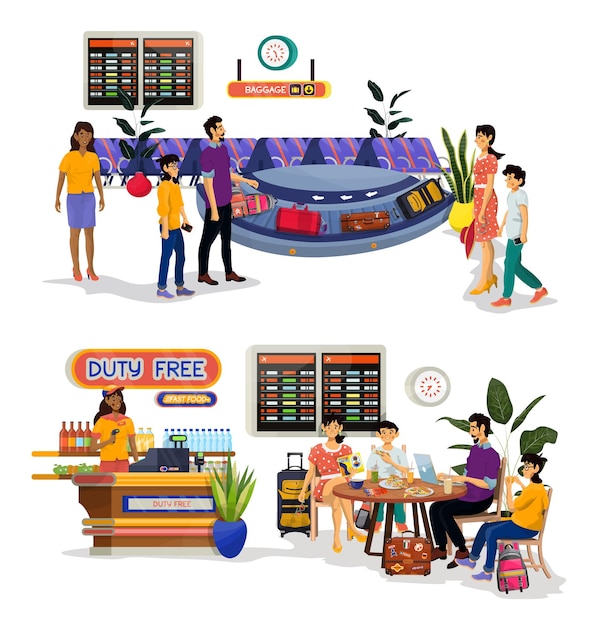 Vector flat illustration of baggage reclaim with waiting family on a white isolated background duty free shop and cafe in an airport and family spend time and eating there