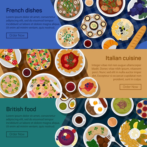 Вектор Векторные плоские иллюстрационные баннеры британских итальянских французских национальных блюд
