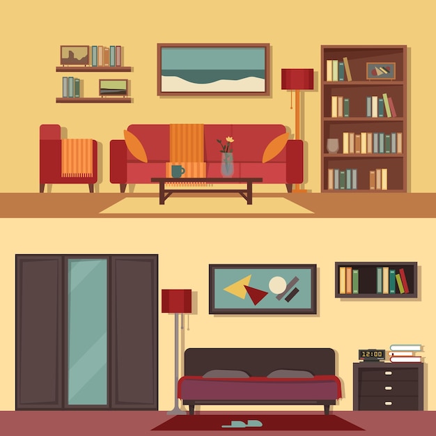 벡터 평면 그림 배너는 아파트의 객실에 대한 추상을 설정합니다.
