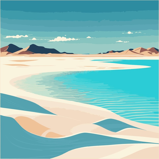 Vettore illustrazione piatta vettoriale bellissima spiaggia con acqua di mare blu e sabbia bianca