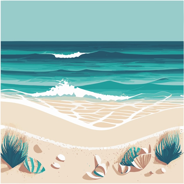 Vector vector flat illustration beautiful beach with blue sea water and white sand