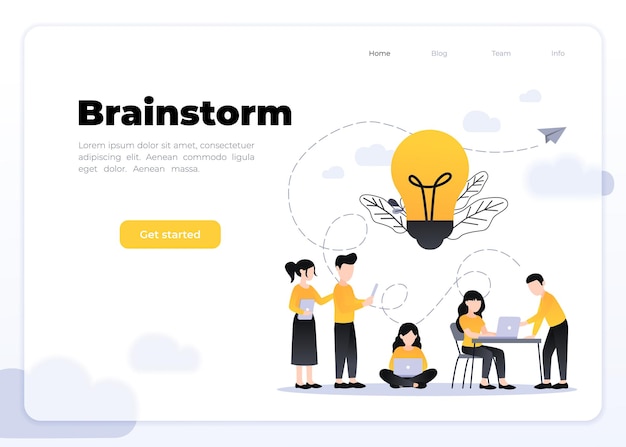 Vector flat illustration, business meeting and brainstorming, business concept for teamwork, searching for new solutions, little people are sitting on floor, light bulb in search of ideas