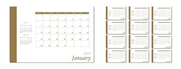 vector flat illustration calendar for 2024 on a light background ideal for the design of your workplacex9xa