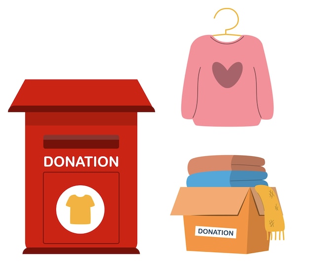 Vector flat illustration of a charity organization distributing clothes clothes in a box