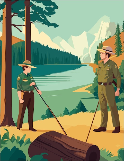 Vettore il disegno di illustrazione piatta vettoriale dei ranger del parco lavora nel parco nazionale