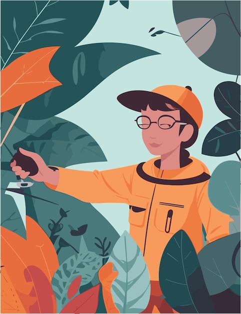 vector flat illustration design of Wildlife biologists work in forest