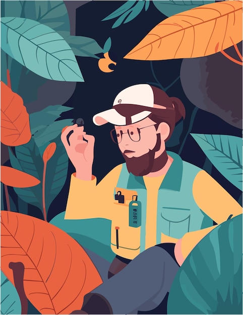森林で働く野生生物生物学者のベクトル フラット イラスト デザイン