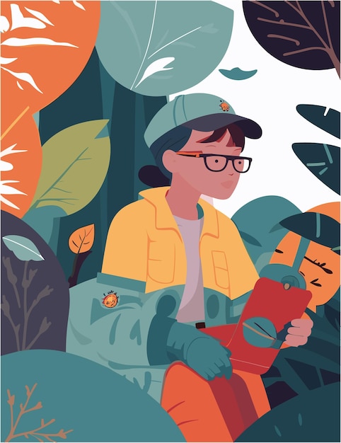 vector flat illustration design of Wildlife biologists work in forest