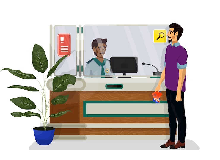 वेक्टर vector flat illustration of desk with administrator customs or police officer situation with characters in an airport hotel or government institute