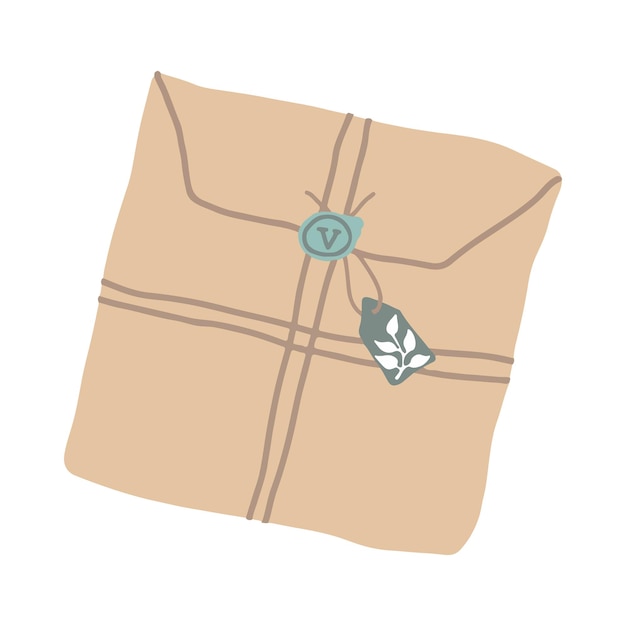 Векторная плоская иллюстрация Подарок для доставки конверта или посылки с почтой и открытками Различные предметы Крафт-бумага шпагат сургуч открытки ручной работы Ручной обращается поздравительный сюрприз курьер