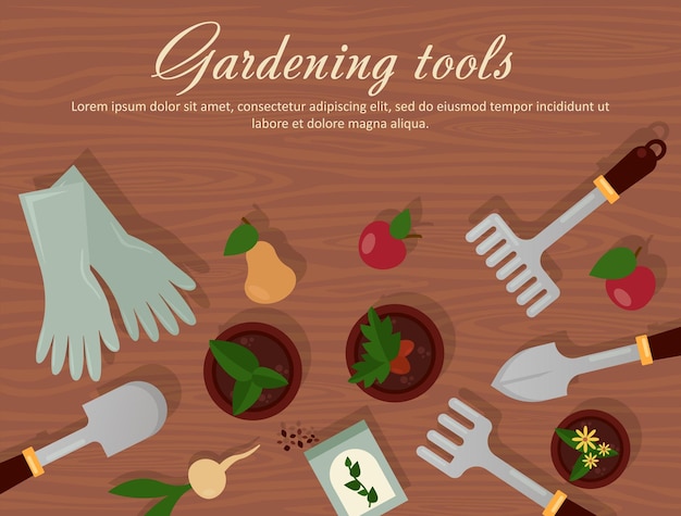 Vector flat illustration of garden agricultural accessories tools instruments