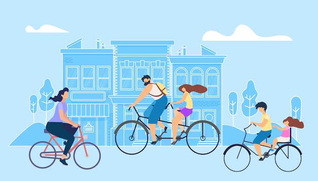 Vector flat illustration girl riding bike work.