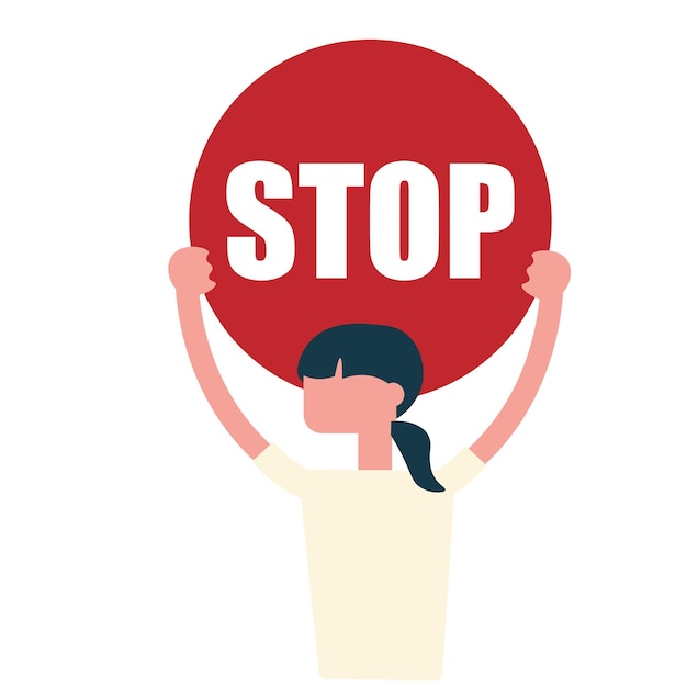 Vector vector flat illustration of girl woman rise hands holding red round sign banner with message stop