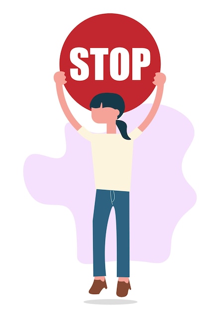 Vector flat illustration of girl woman rise hands holding red round sign banner with message stop