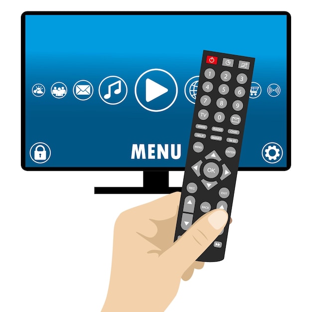 Vector flat illustration Hand holding Remote TV Control isolated on white