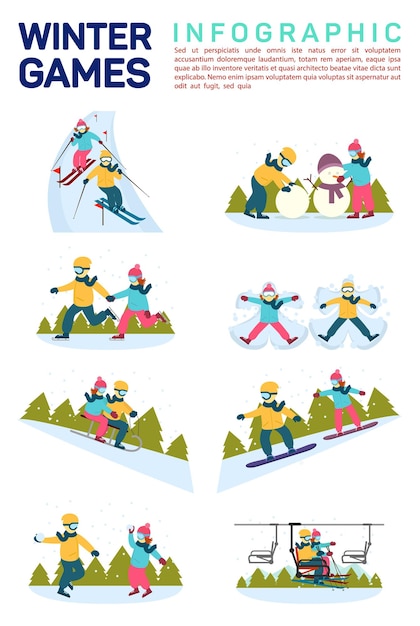 Vector vector flat illustration infographic of winter snow sport games