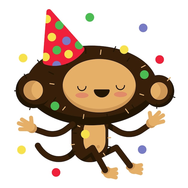 Vector flat illustration isolated on white Cute monkey in a festive hat is celebrating