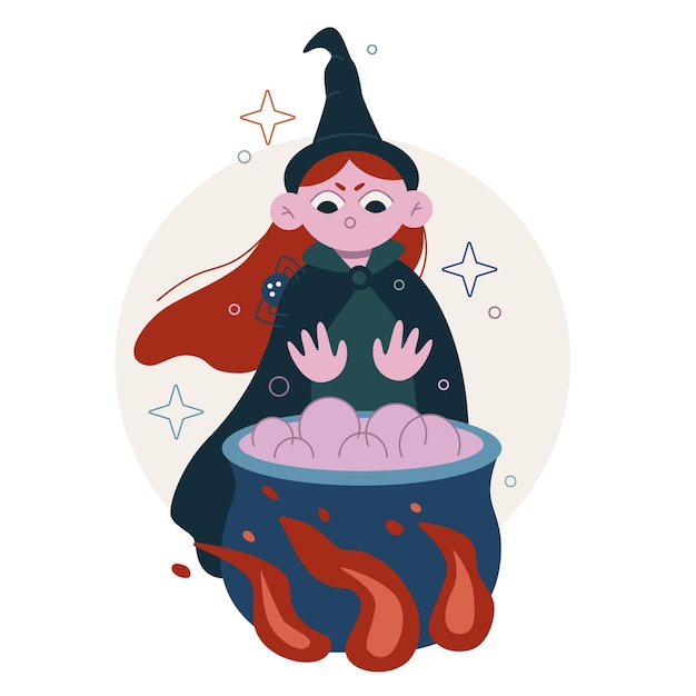 Vector vector flat illustration isolated on white cute witch with a spider prepares a potion in a cauldron