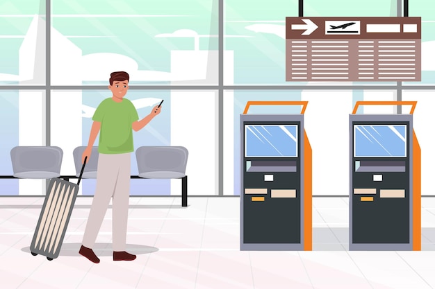 Vector vector flat illustration of a man doing check in himself with a phone and automatic machine