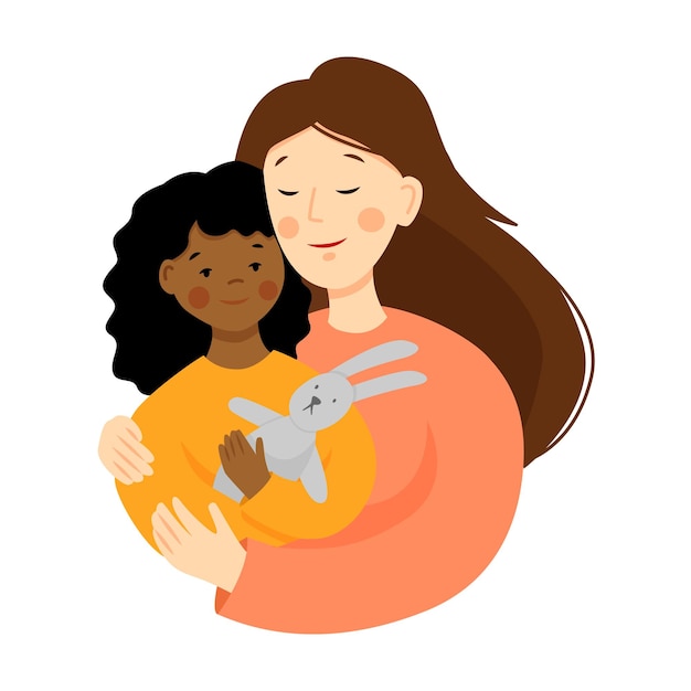 Vector vector flat illustration for mothers day mom hugs her daughter daughter holding a hare toy