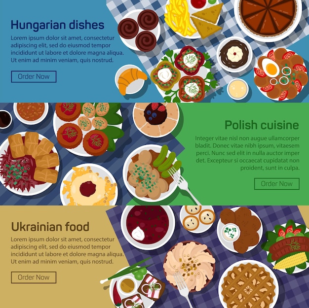 Вектор Векторная плоская иллюстрация украинских венгерских польских национальных блюд