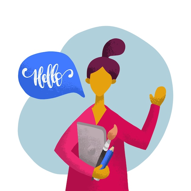 Векторная плоская иллюстрация идущей девушки с речевыми пузырями в минималистском стиле женщина говорит привет используется для приложения пользователей социальных сетей