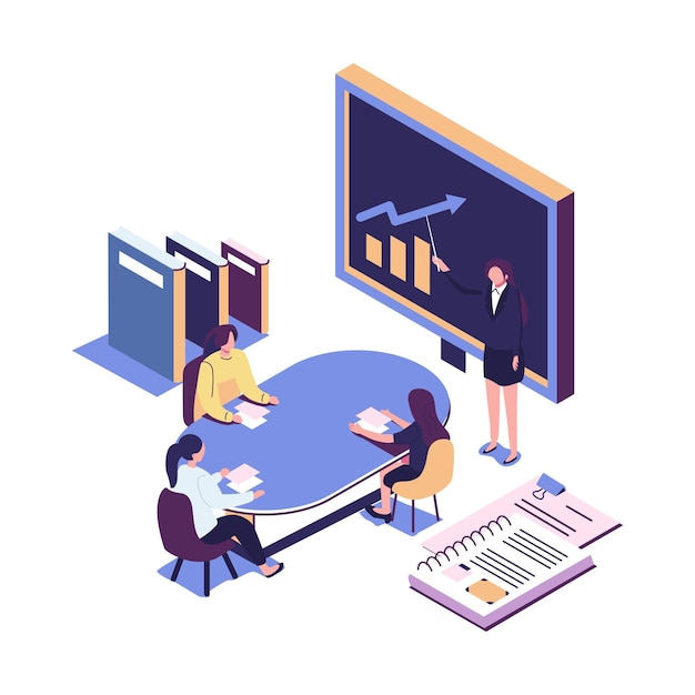 Vector flat illustration online training courses for employees training skills enhancement people sit at a conference and look at the big screen the analysis of infographics