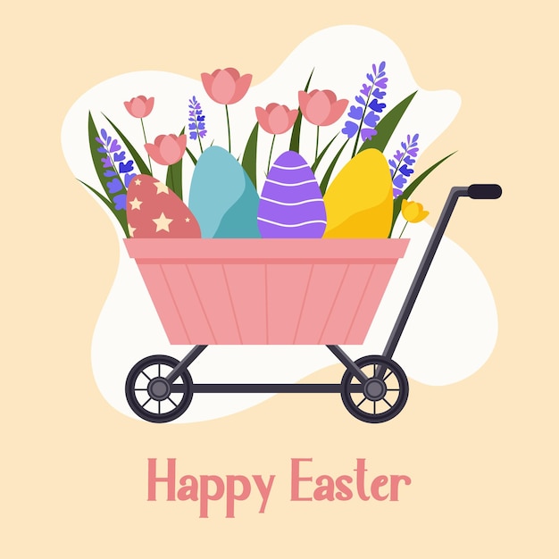 Vector vector flat illustration of a pink garden wheelbarrow with spring flowers and colorful easter eggs