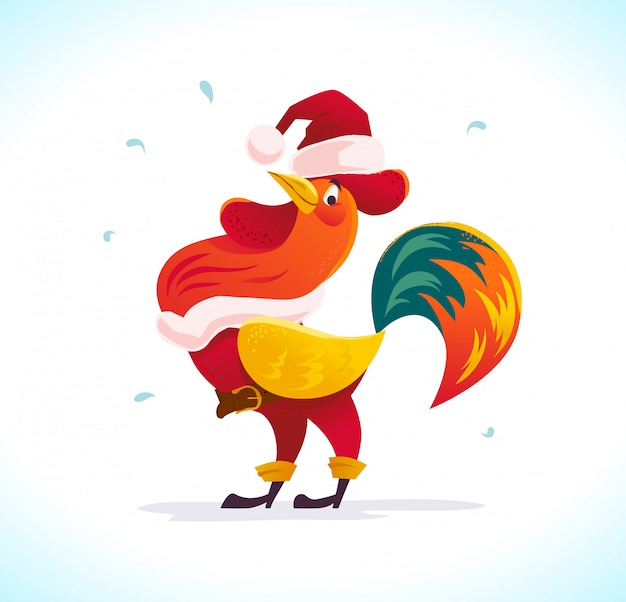 Vector flat illustration of rooster in santa claus costume.