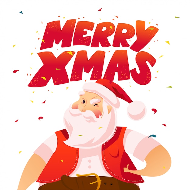 Vector flat illustration of Santa Claus and merry Xmas congratulation.