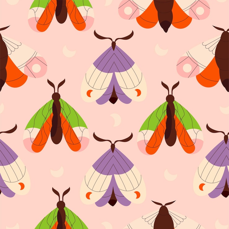 Vector vector flat illustration seamless pattern of moths pattern with moths and butterflies