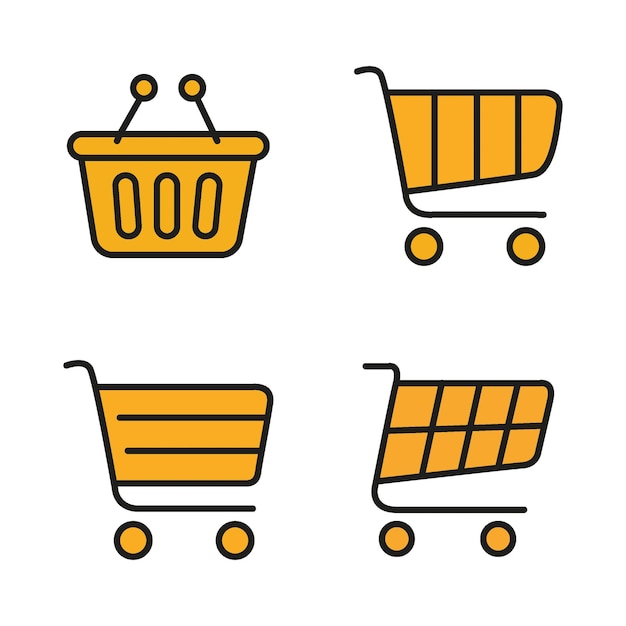 Vector vector flat illustration a set of icons of shopping baskets of different shapes yellow collection suitable for online store stickers and as an independent drawingx9xa