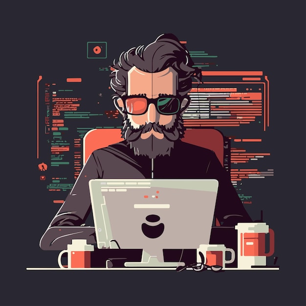 Vector flat illustration software developer cyber program security