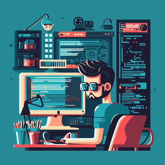 Vector vector flat illustration software developer cyber program security