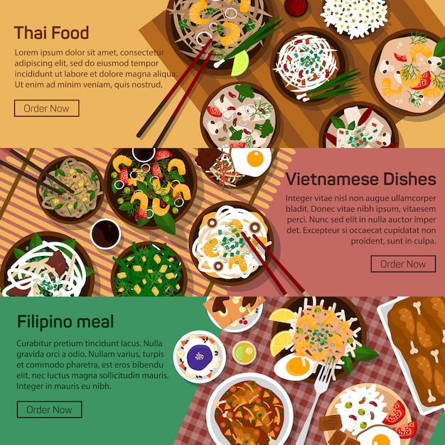 Vector flat illustration of thai vietnam philippines national dishes